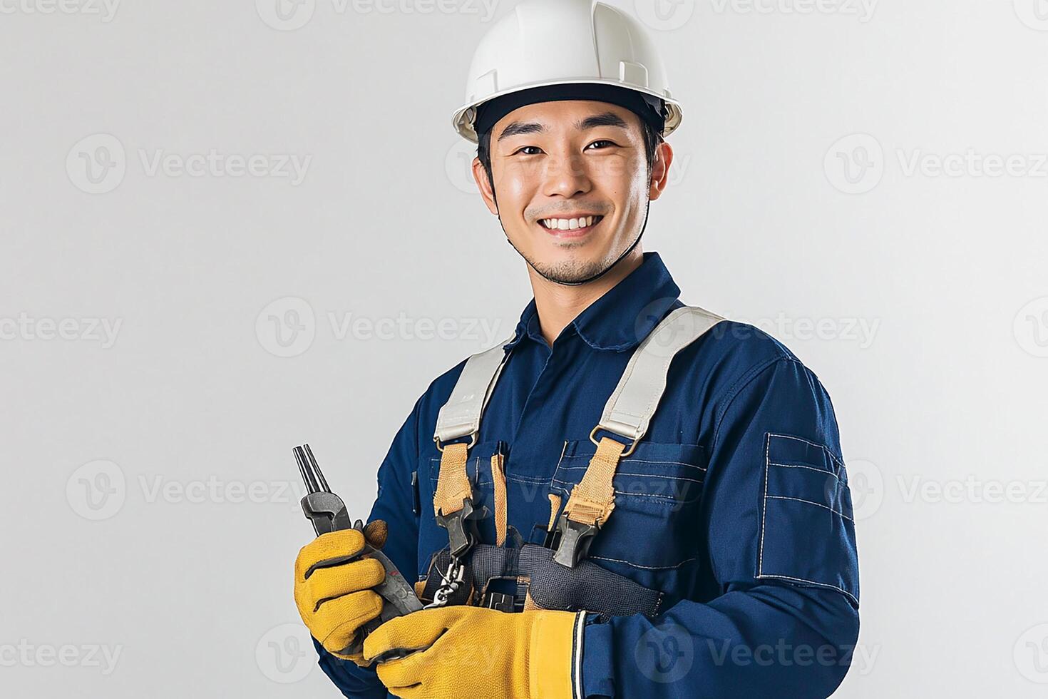 A man in a hard hat and overalls holding a tool photo