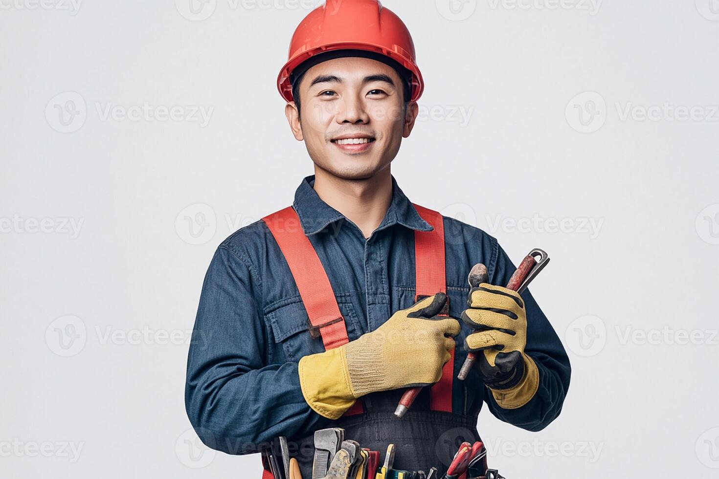 Asian male construction worker holding tools photo