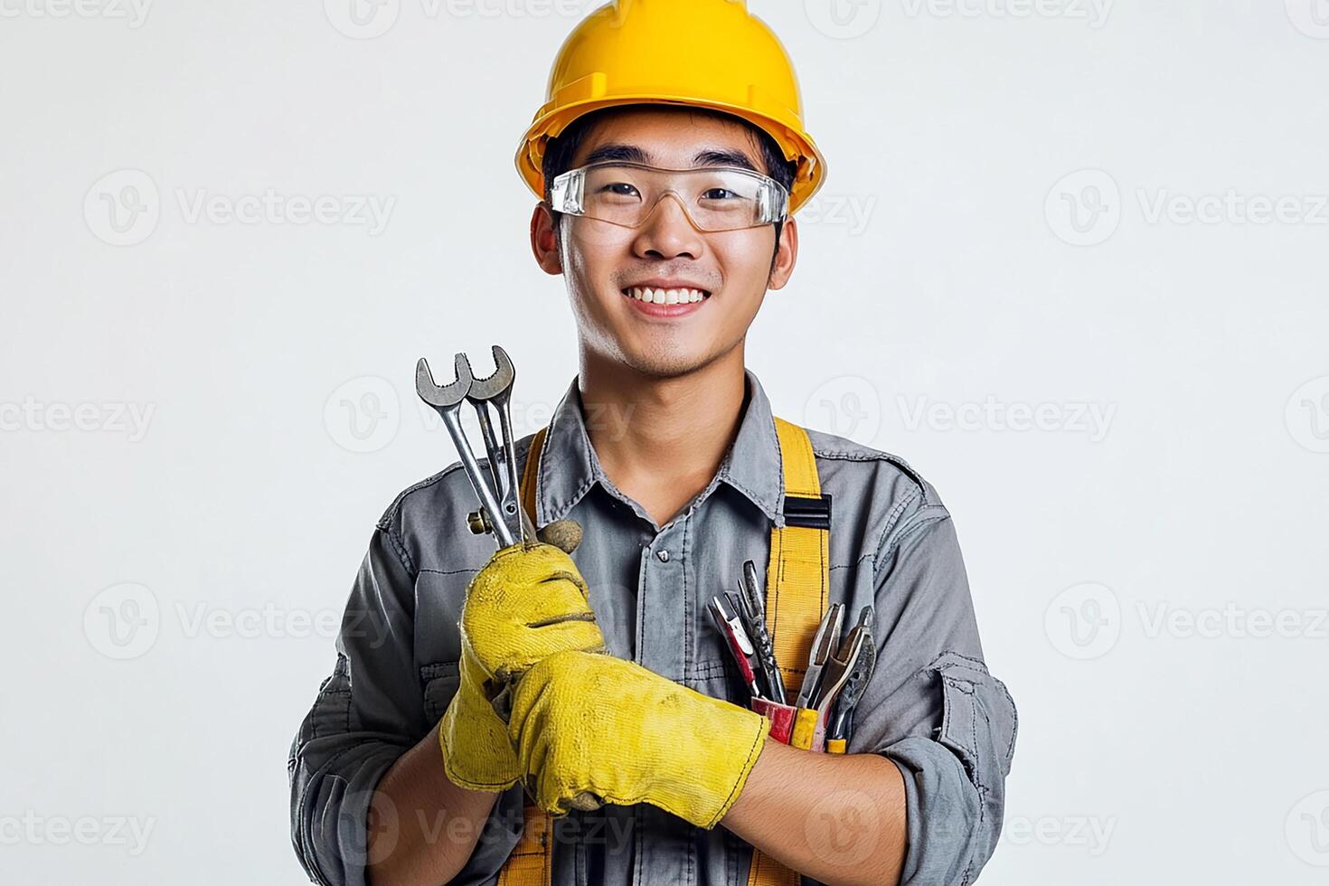 Asian male construction worker holding a wrench photo