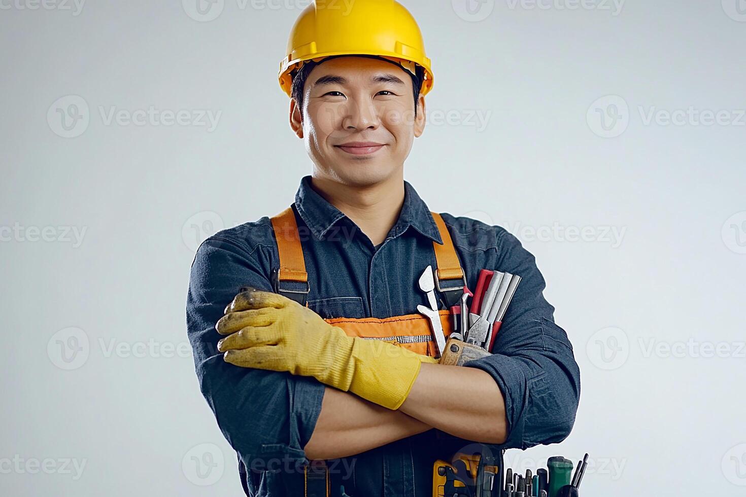 A man in a hard hat and overalls holding a toolbox photo
