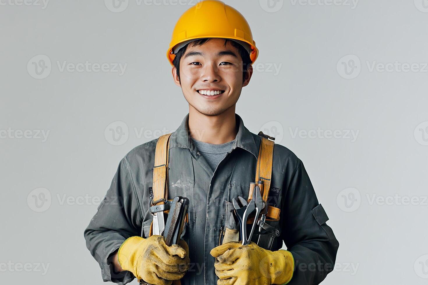 Asian male construction worker holding tools photo