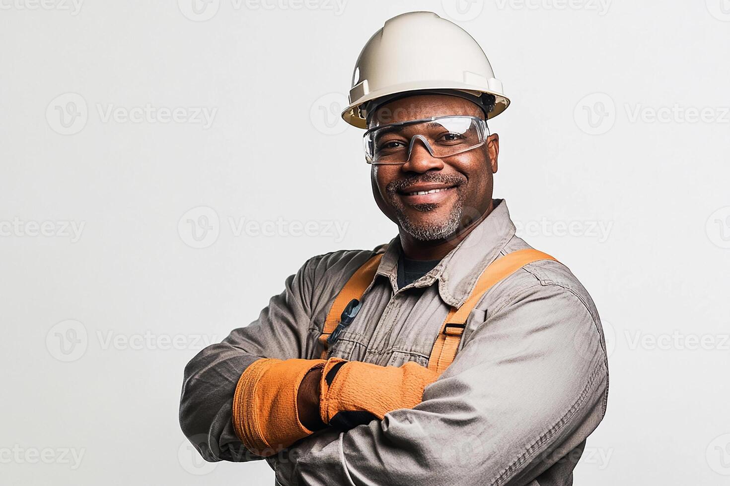 An african american man in a hard hat and safety glasses photo