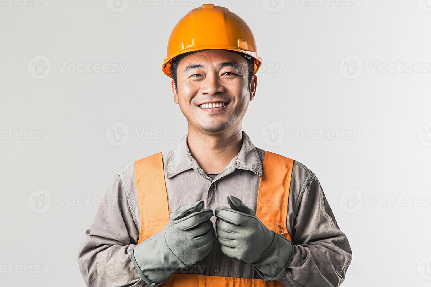 Asian man in orange hard hat and gloves photo