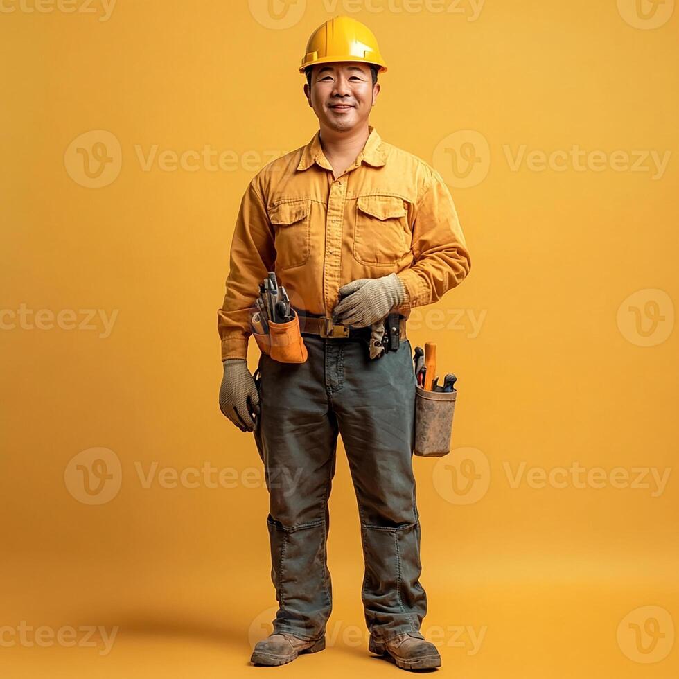 Asian male construction worker standing in front of yellow background photo