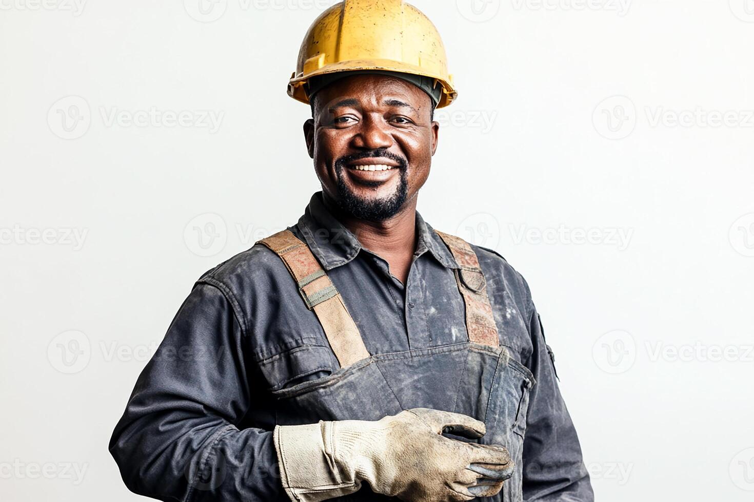 An african american man in overalls and a hard hat photo
