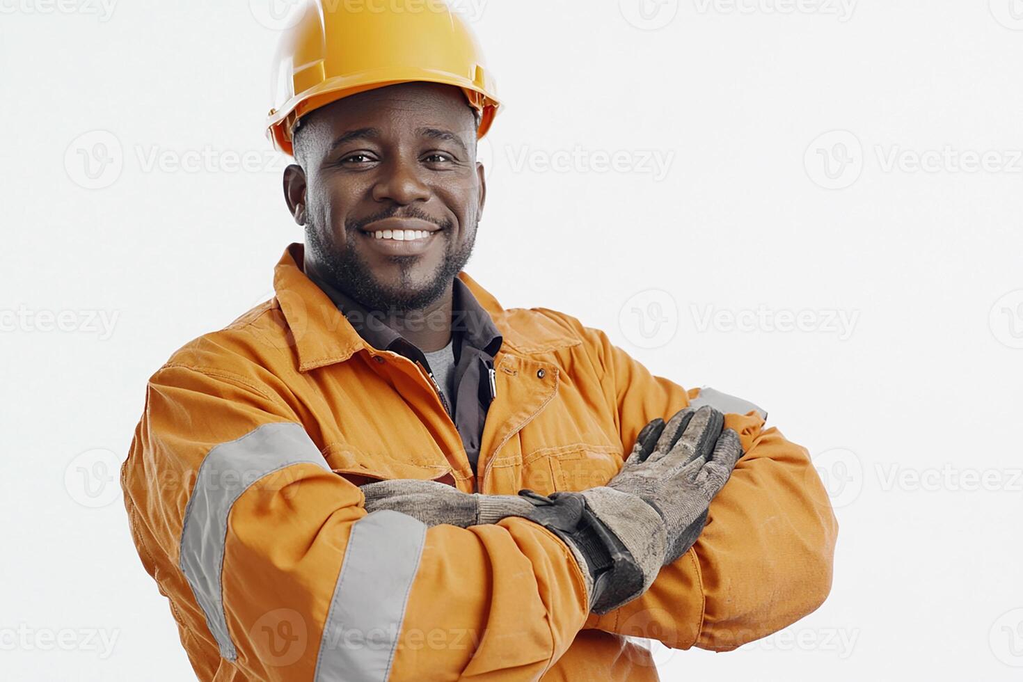 An african american man in an orange hard hat photo
