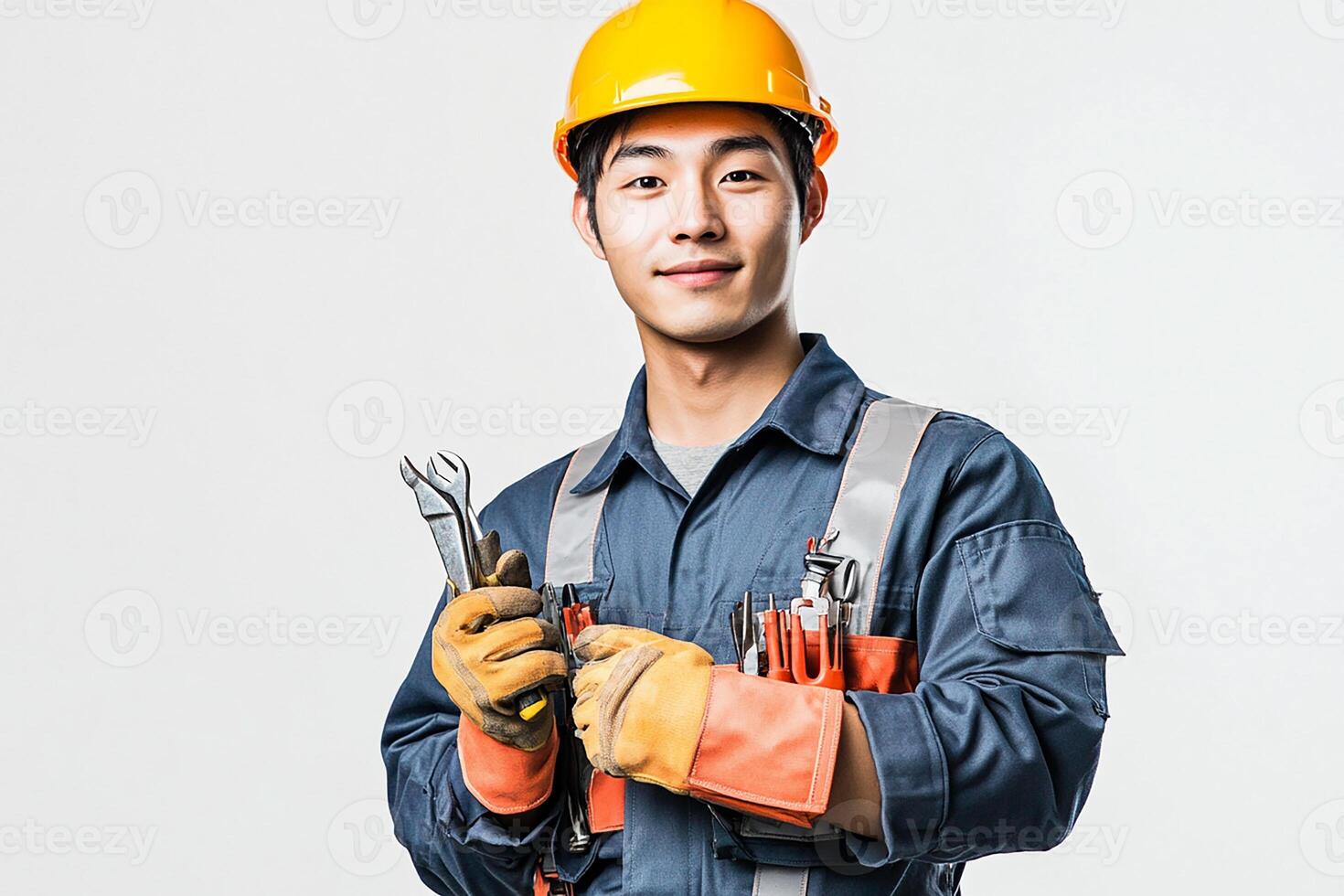 A man in a hard hat holding a wrench photo
