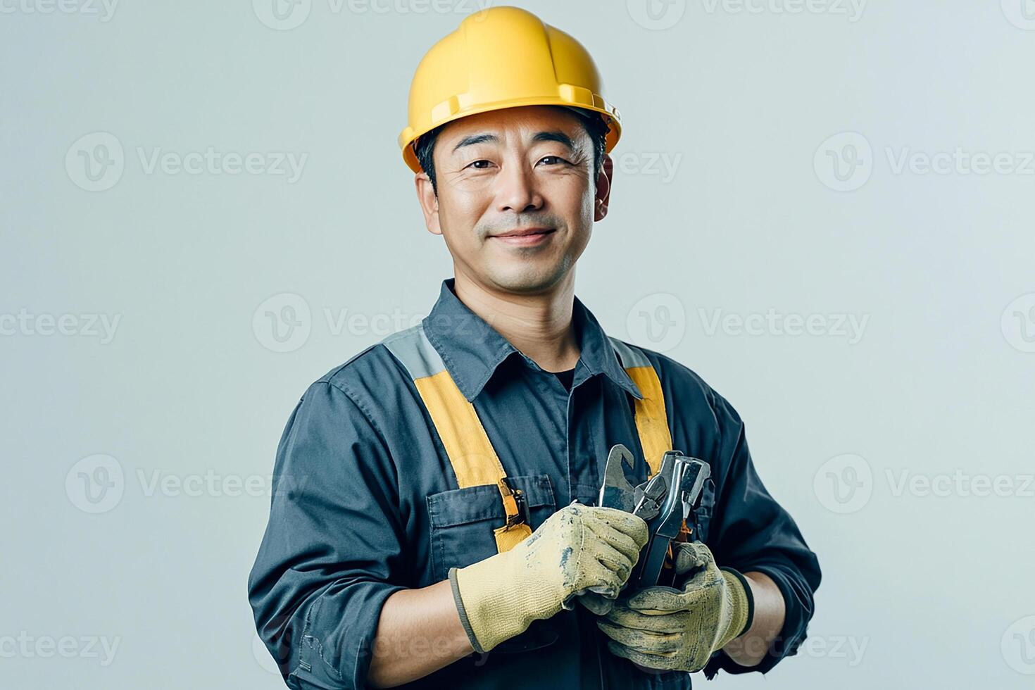 Asian man in hard hat holding tools photo