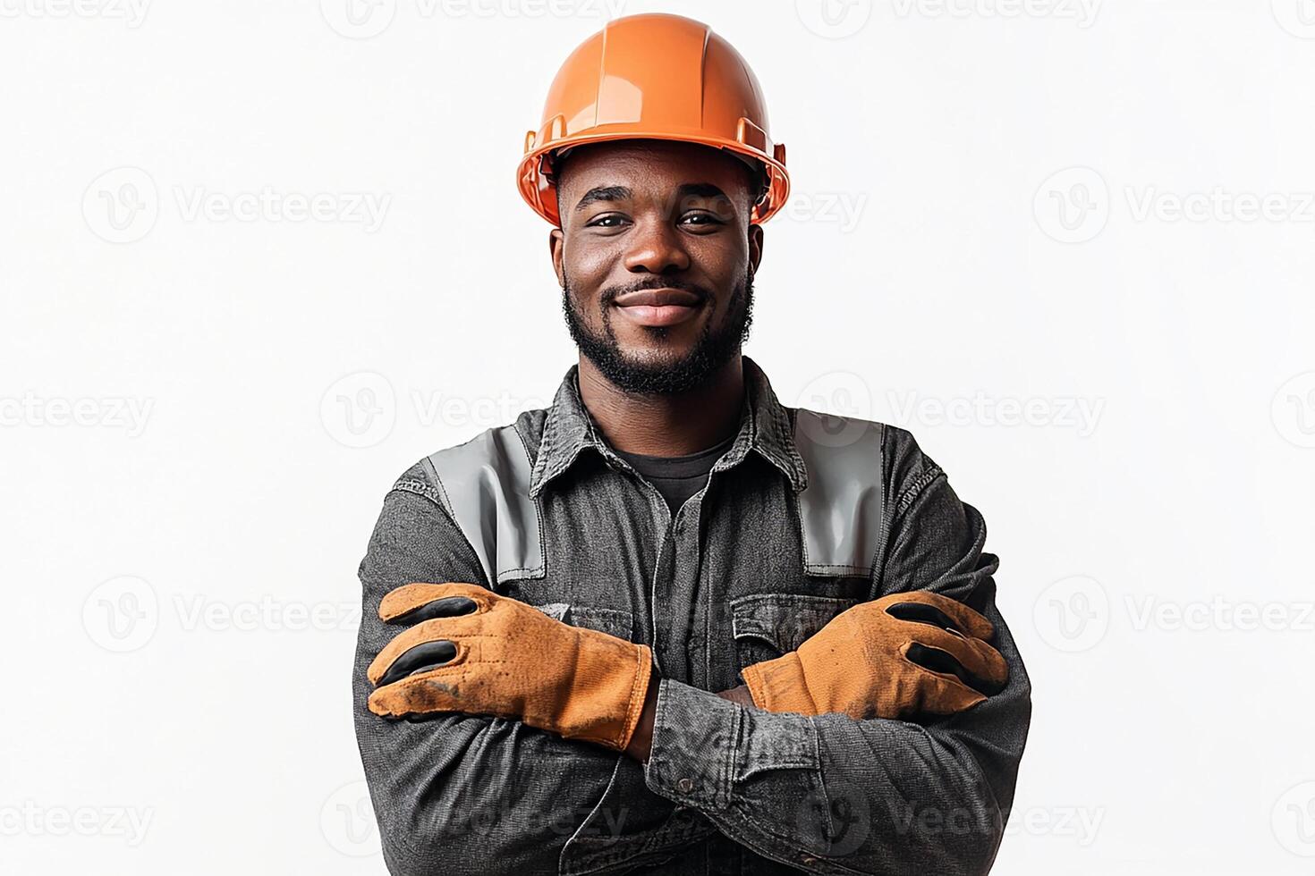 A black man wearing an orange hard hat and gloves photo