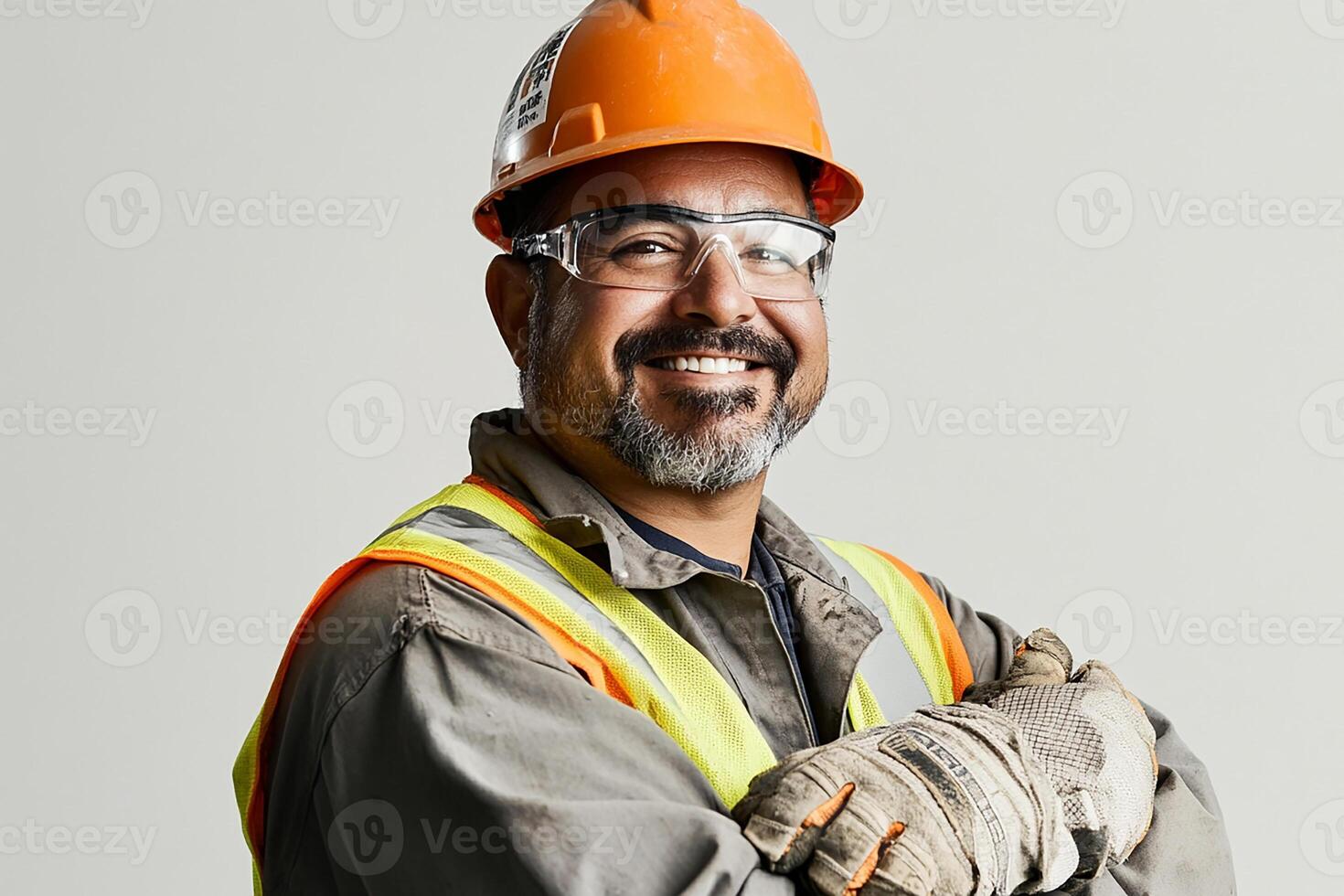 A man in a hard hat and safety glasses photo