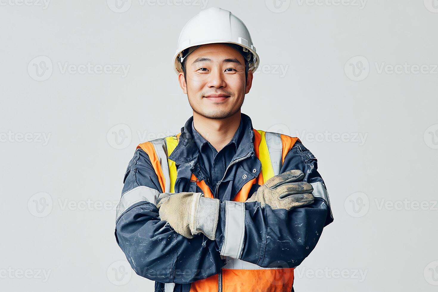 Asian man in safety vest standing with arms crossed photo