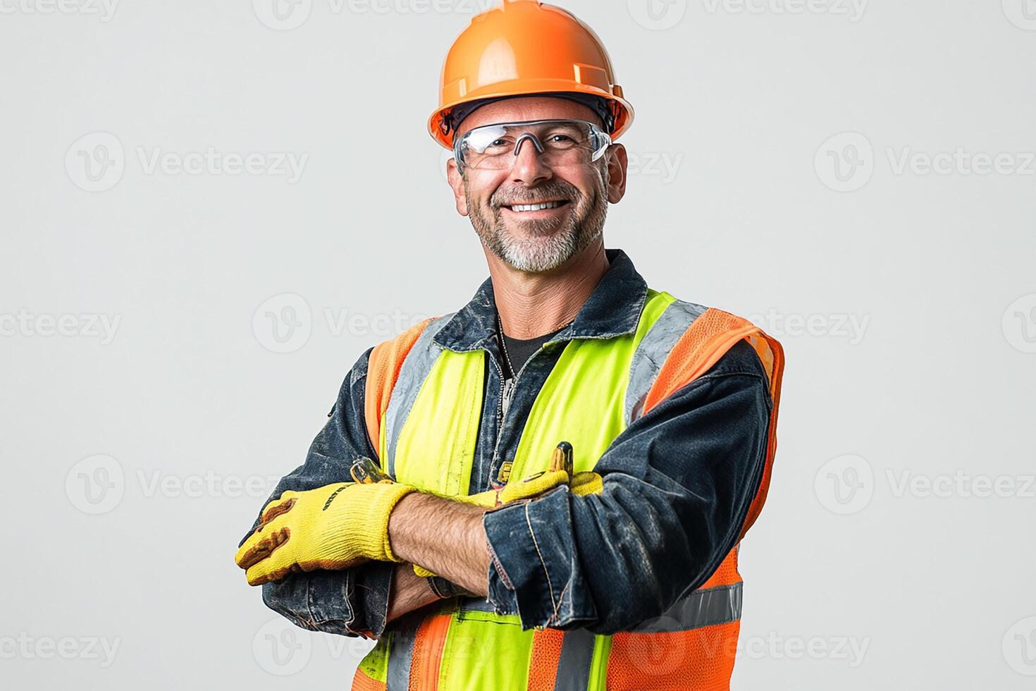 A man in an orange vest and safety glasses photo