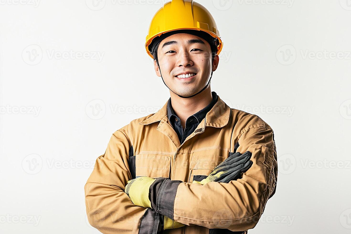 A smiling man in a hard hat and gloves photo