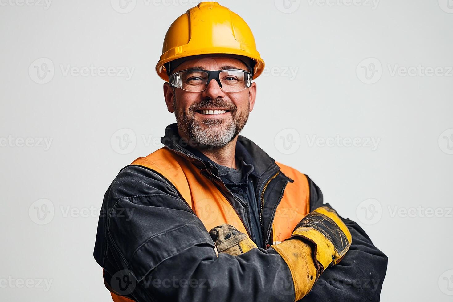 A man in an orange vest and hard hat photo