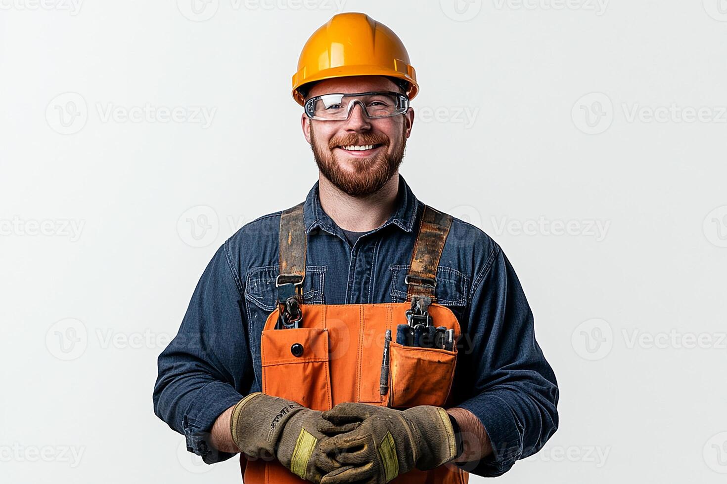 A man in an orange hard hat and overalls photo
