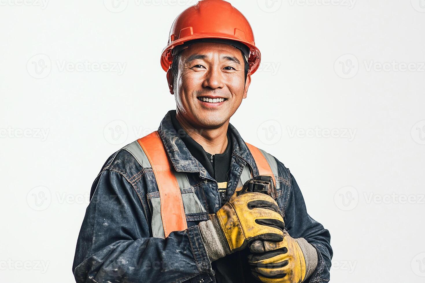 A man in a hard hat and orange gloves photo
