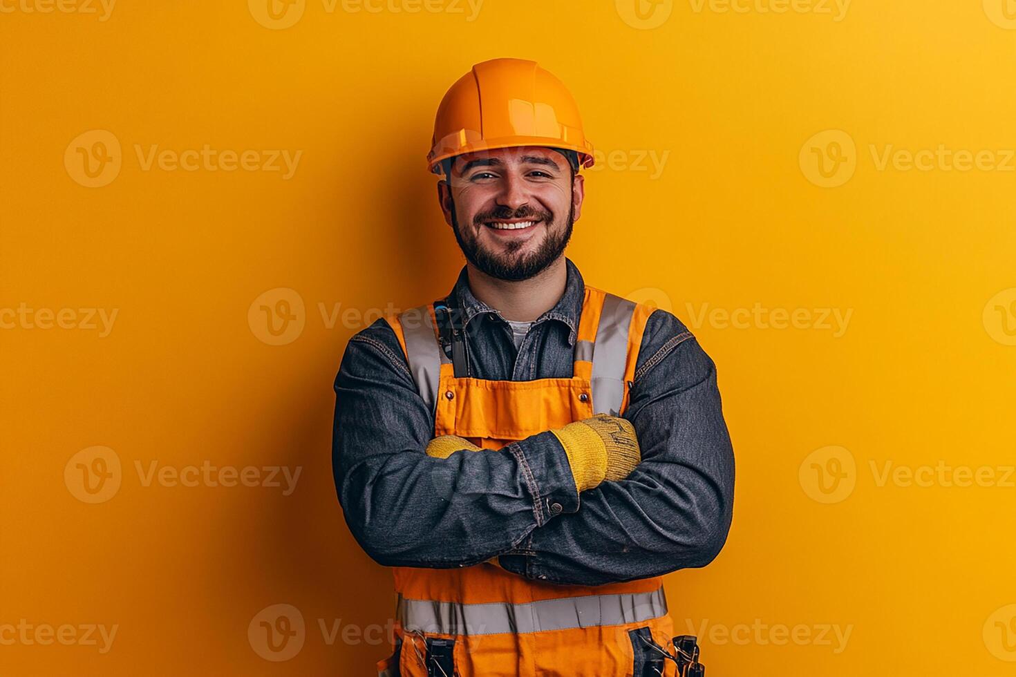 Portrait of smiling male construction worker isolated on yellow background photo