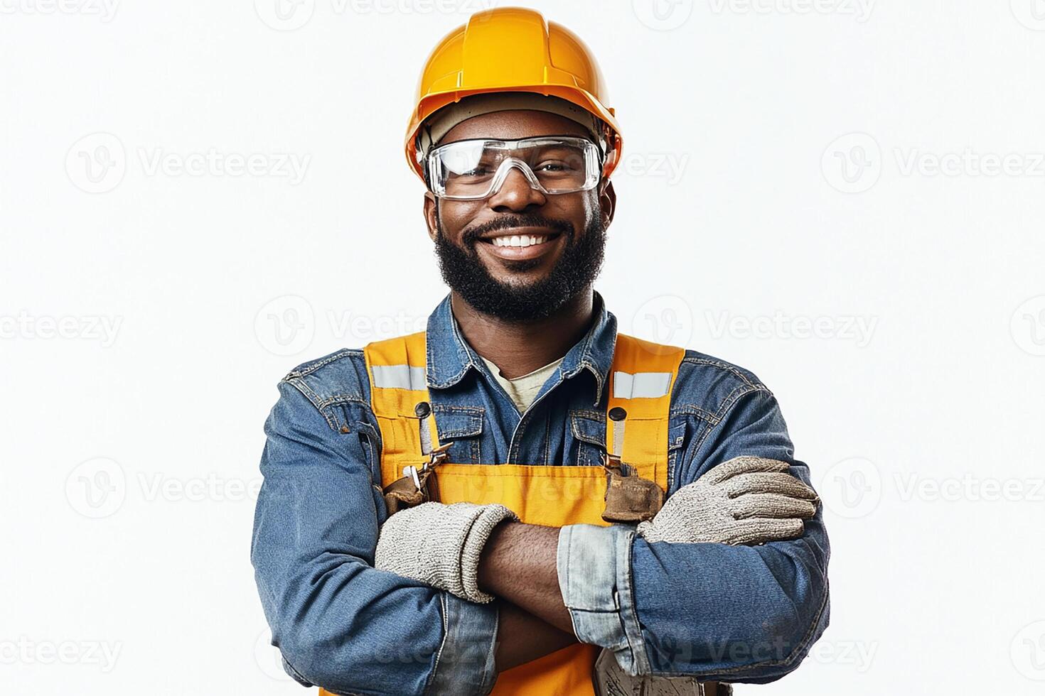 A smiling black man in a hard hat and safety glasses photo