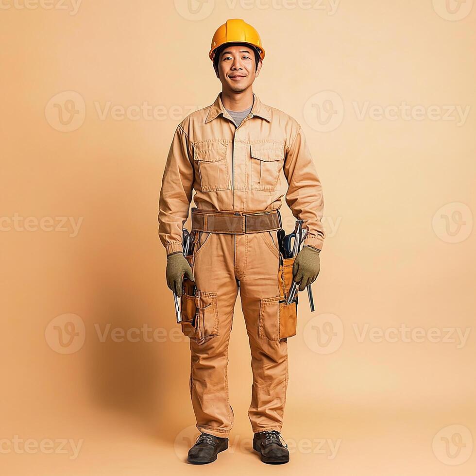 A man in a hard hat and overalls standing in front of an orange background photo