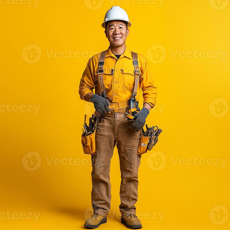 A man in a yellow shirt and overalls holding a tool photo