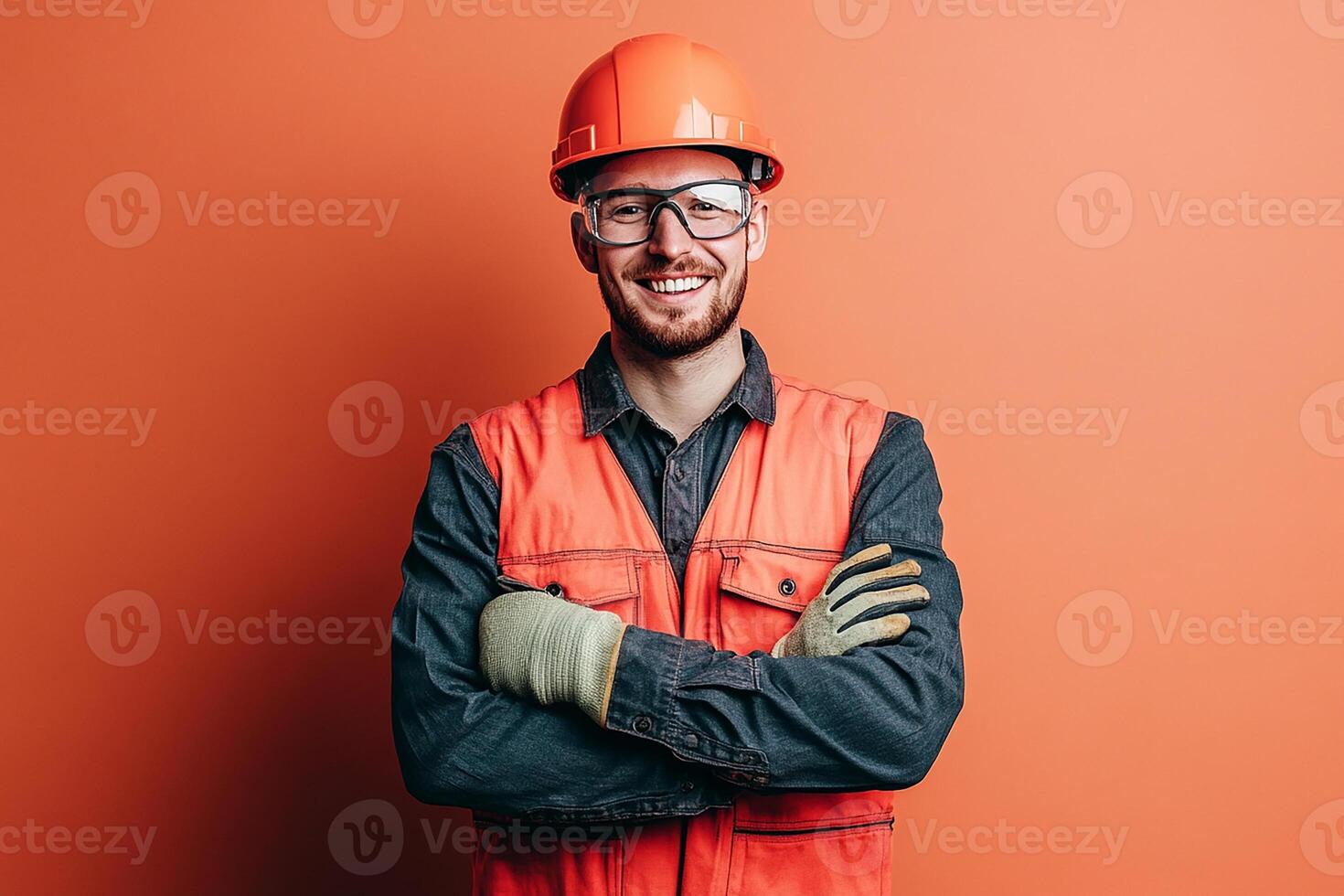 A man in an orange vest and safety glasses photo