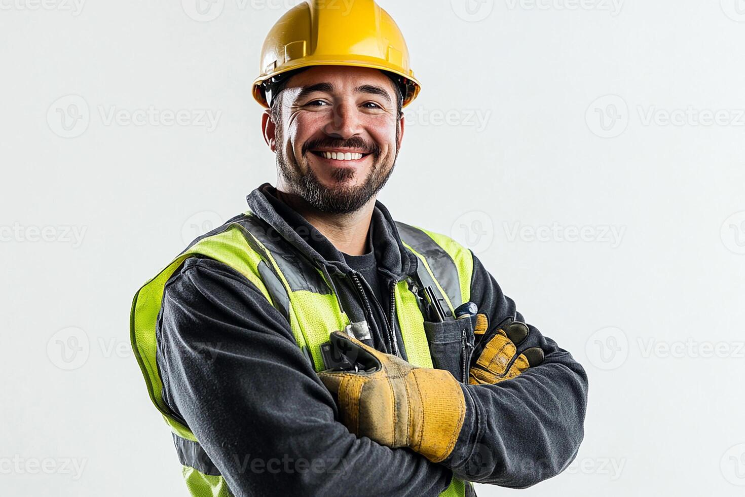A man in a hard hat and yellow vest photo
