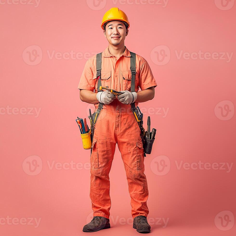 A man in an orange overalls and hard hat holding a tool photo