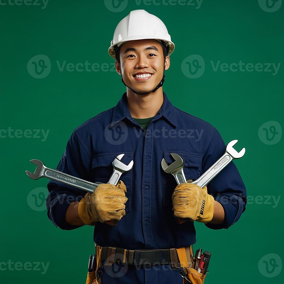 A man in a hard hat holding two wrenches photo