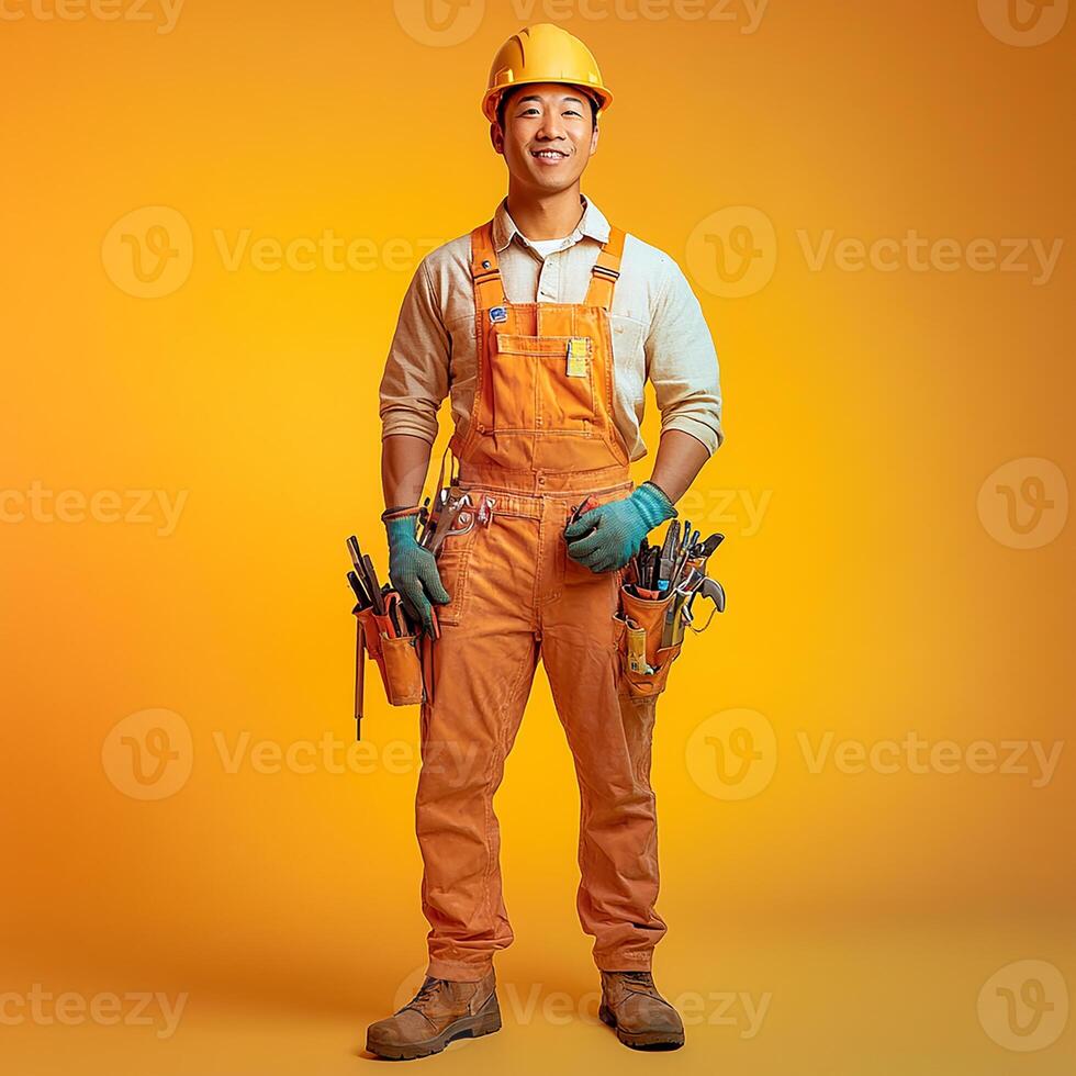 A man in an orange overalls and hard hat holding a tool photo