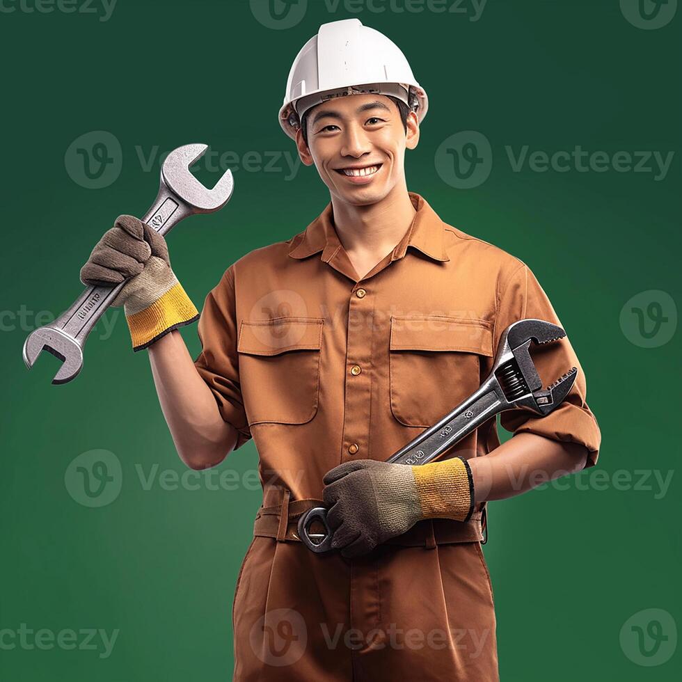 A man in a brown shirt holding two wrenches photo
