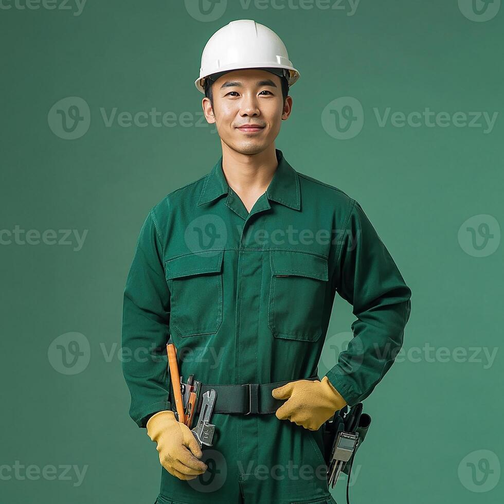A man in a green coverall and hard hat photo