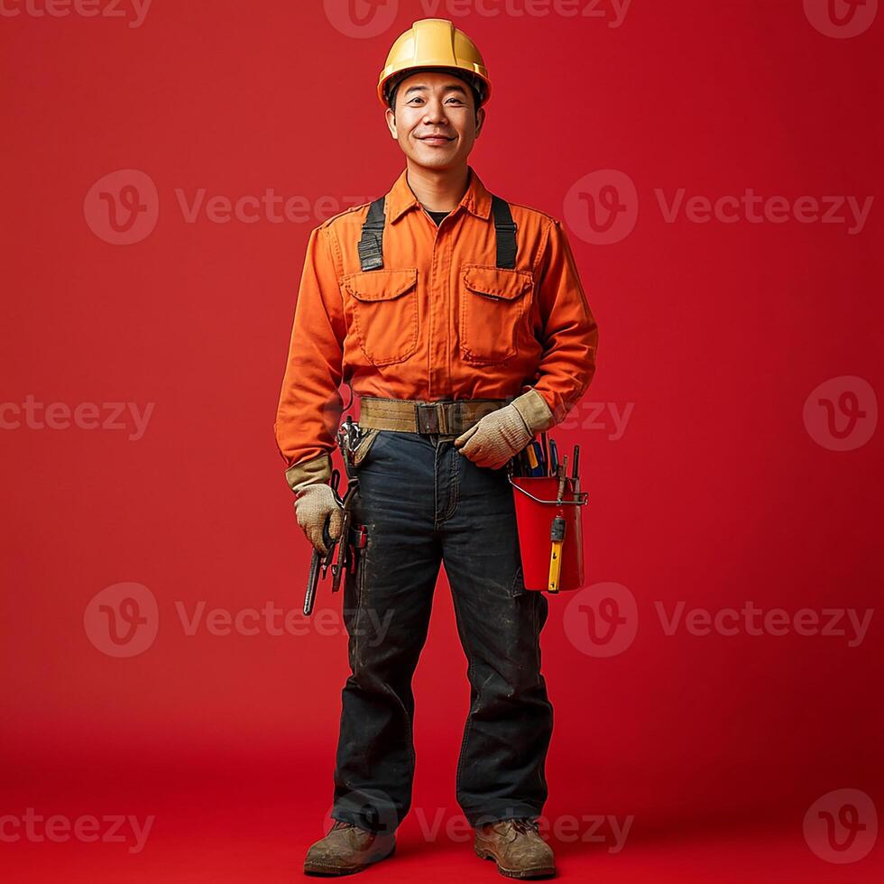 A man in an orange shirt and hard hat photo
