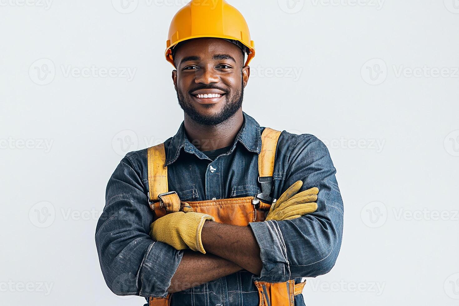 A smiling black man in a hard hat and overalls photo