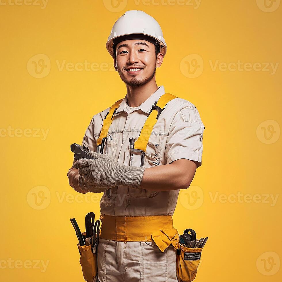 Asian male construction worker holding tools photo