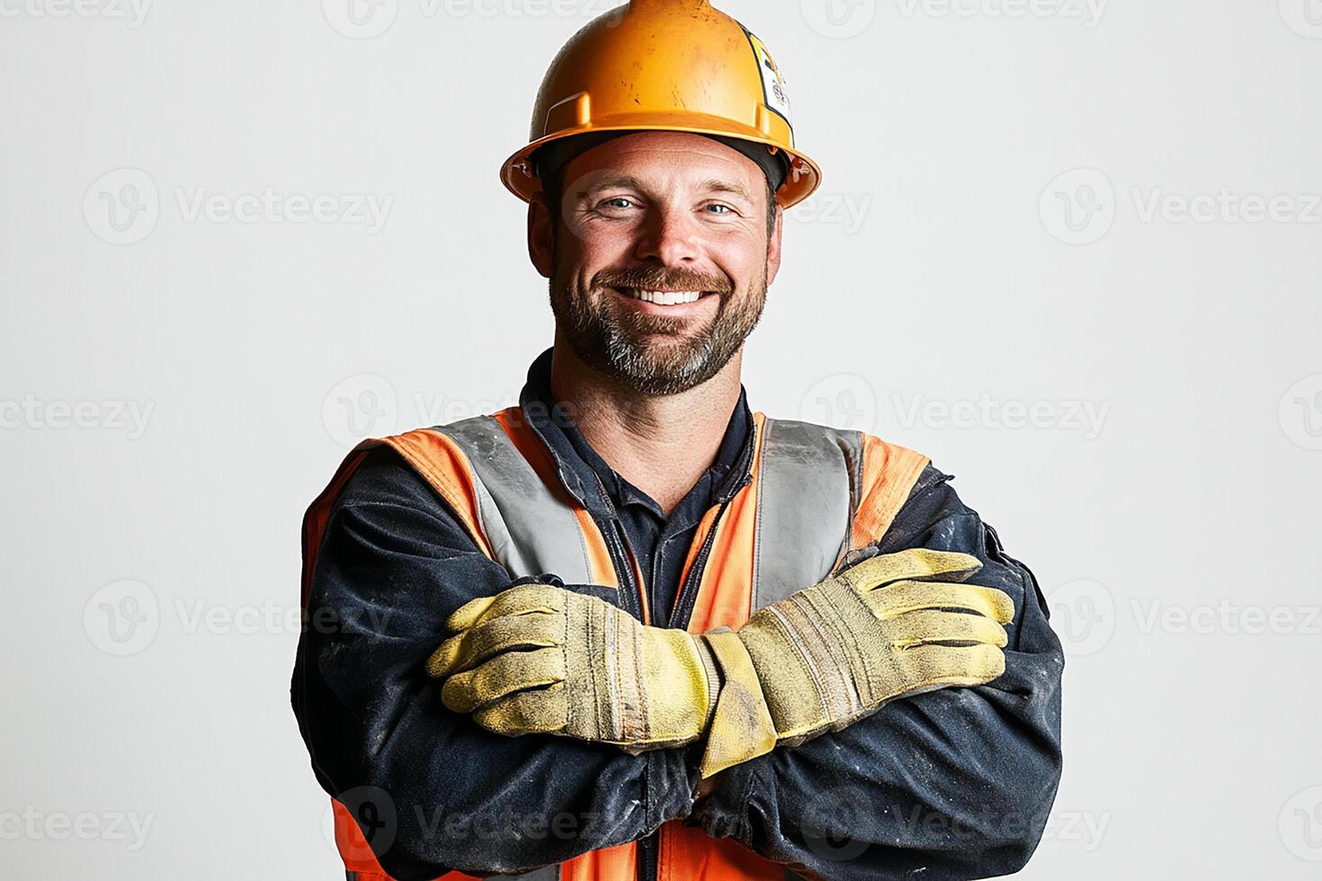 A smiling man in an orange and yellow safety vest photo