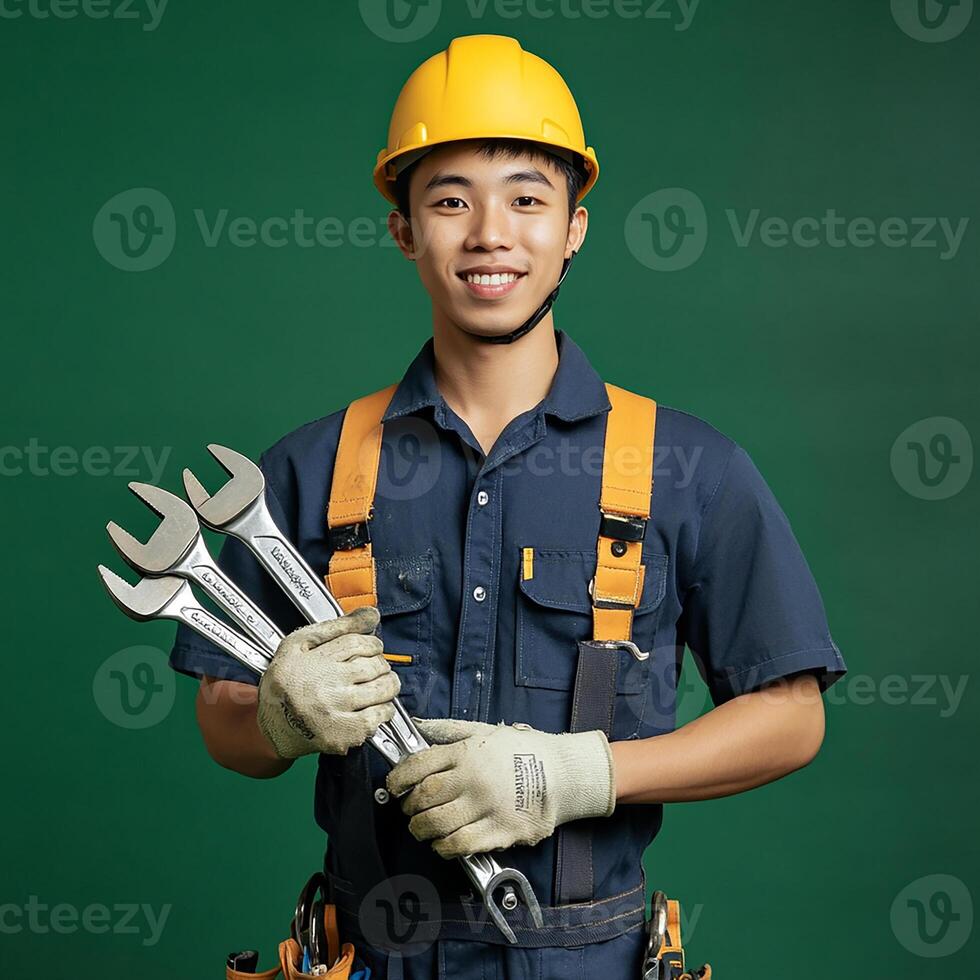 A young man in a hard hat holding a wrench photo