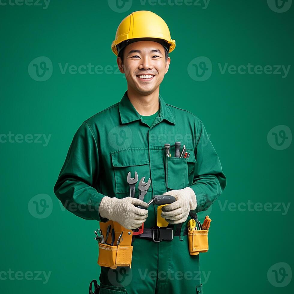A man in a green uniform holding a tool photo