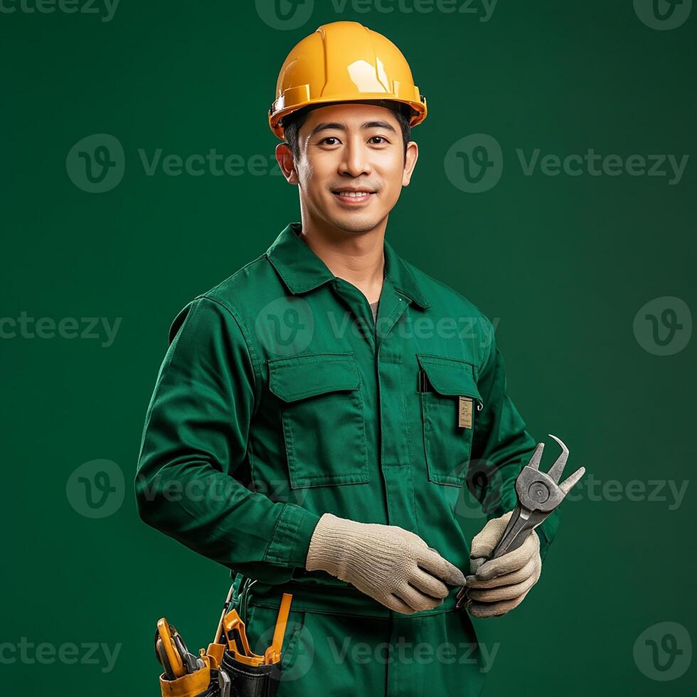 Asian male construction worker holding tools and smiling photo