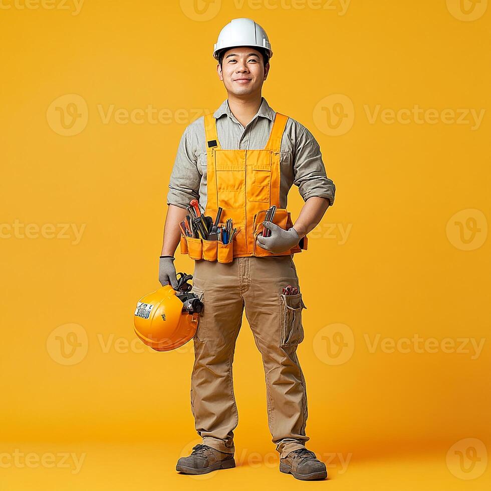 A man in a hard hat and overalls holding a toolbox photo