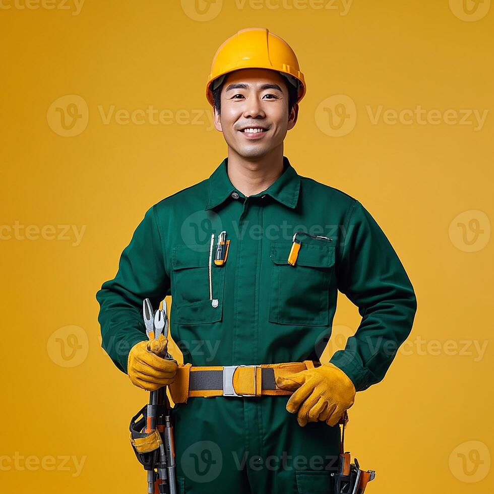 Asian male construction worker holding tools and smiling photo