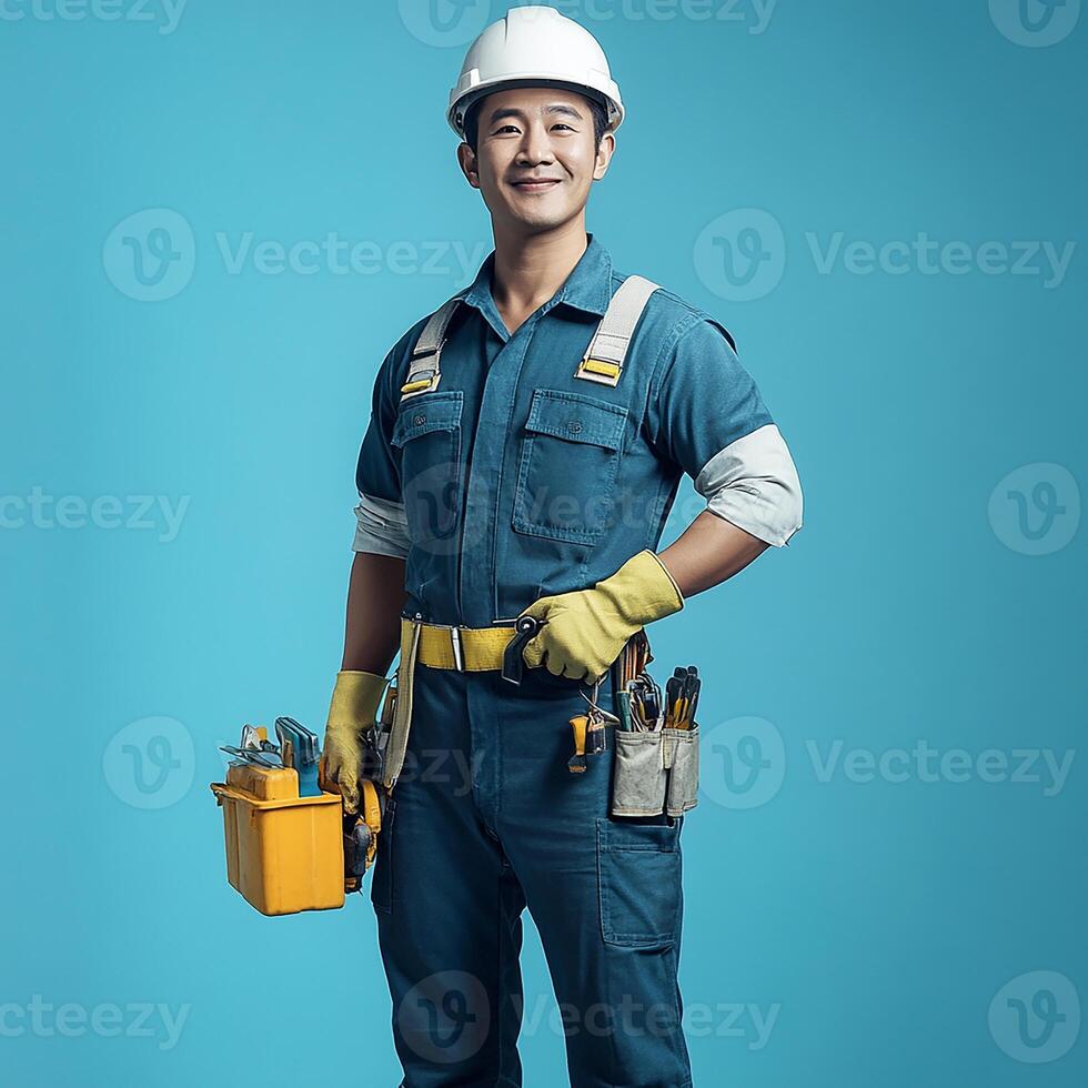 A man in a blue uniform holding a toolbox photo