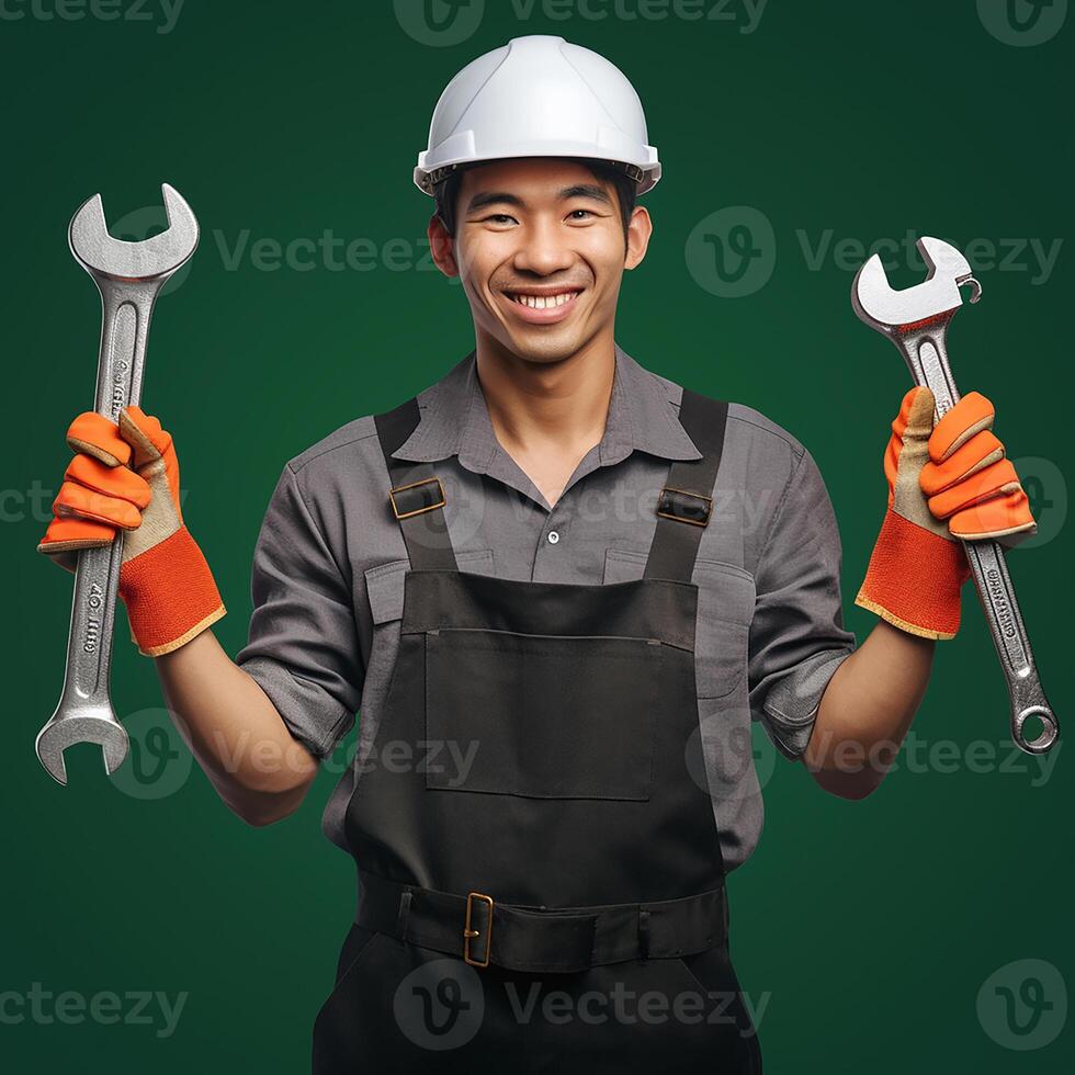 A man in overalls holding two wrenches photo