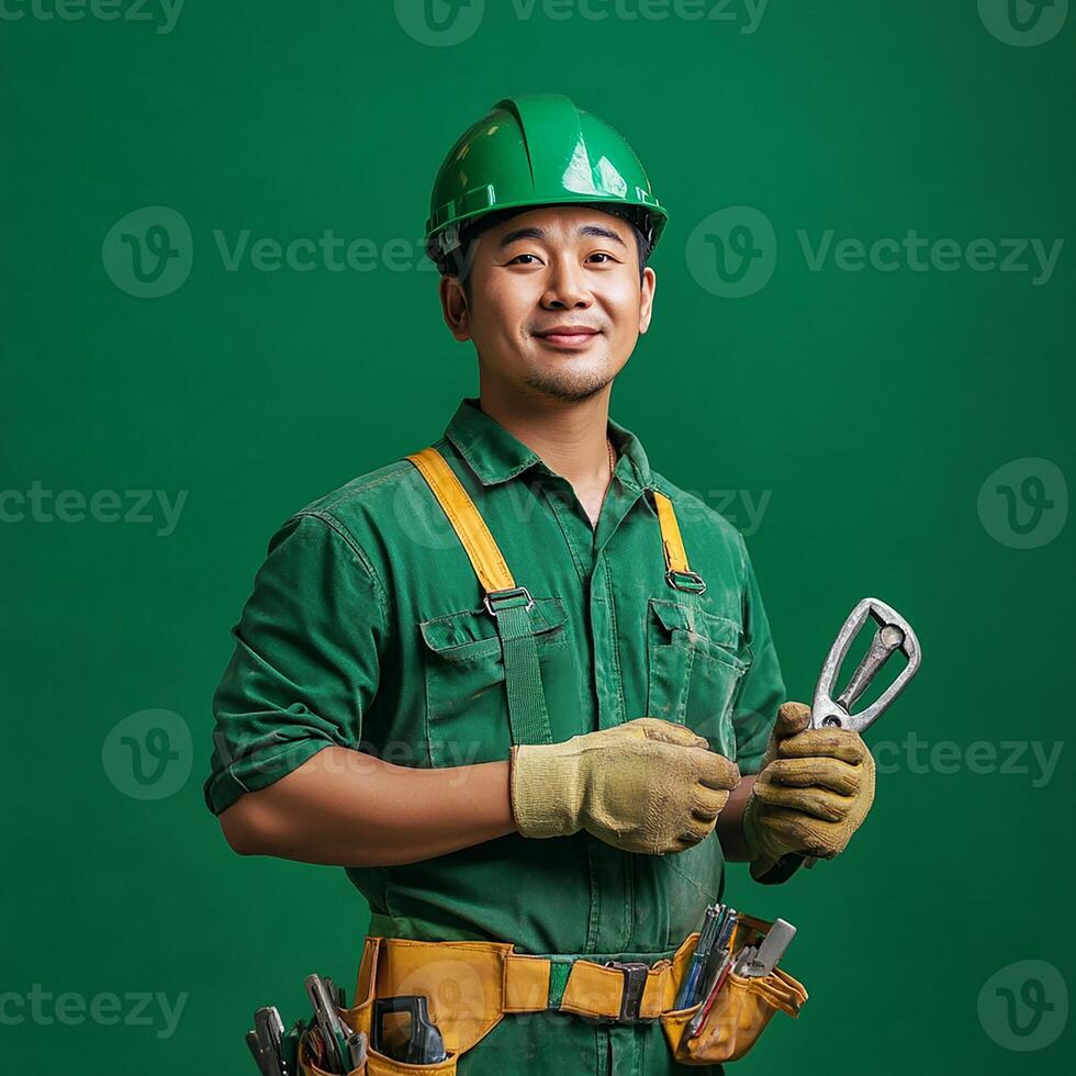 Asian male construction worker holding a wrench and a screwdriver photo