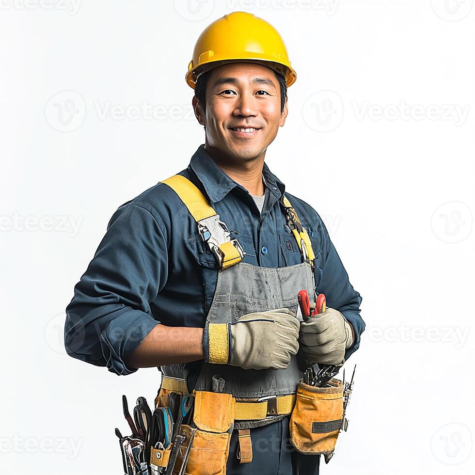 A smiling man in a hard hat and overalls photo