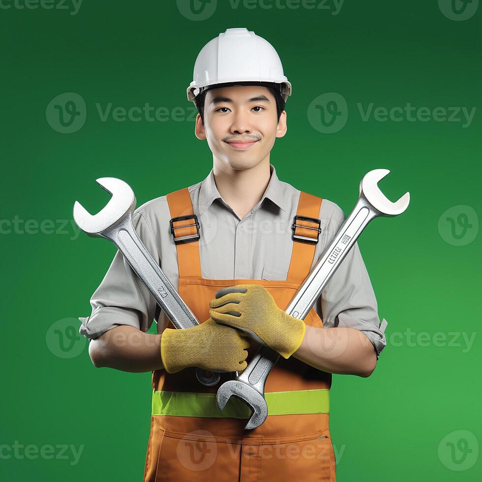 Asian man holding two wrenches on a green background photo