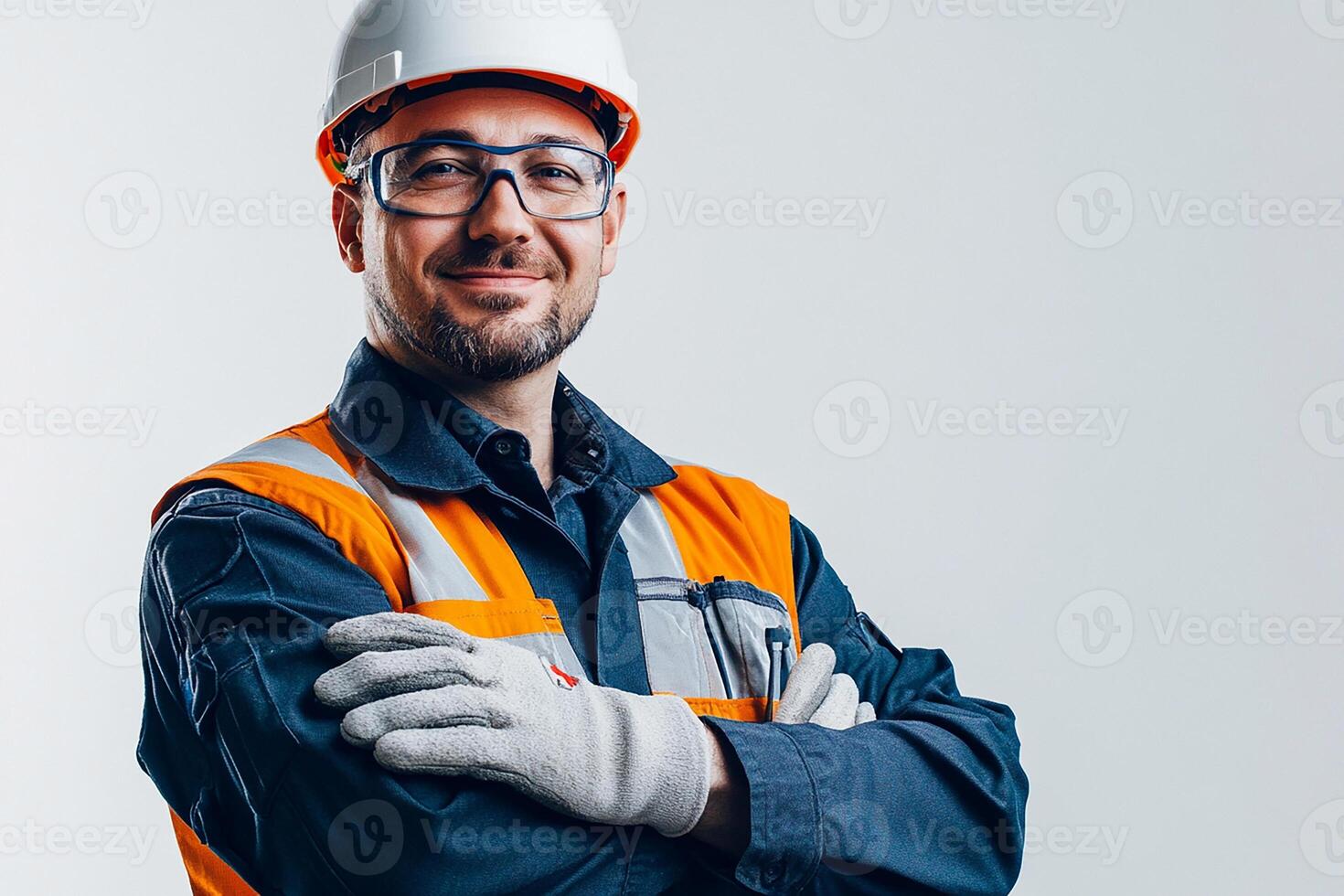 Portrait of a smiling man in safety vest and glasses on a white background photo