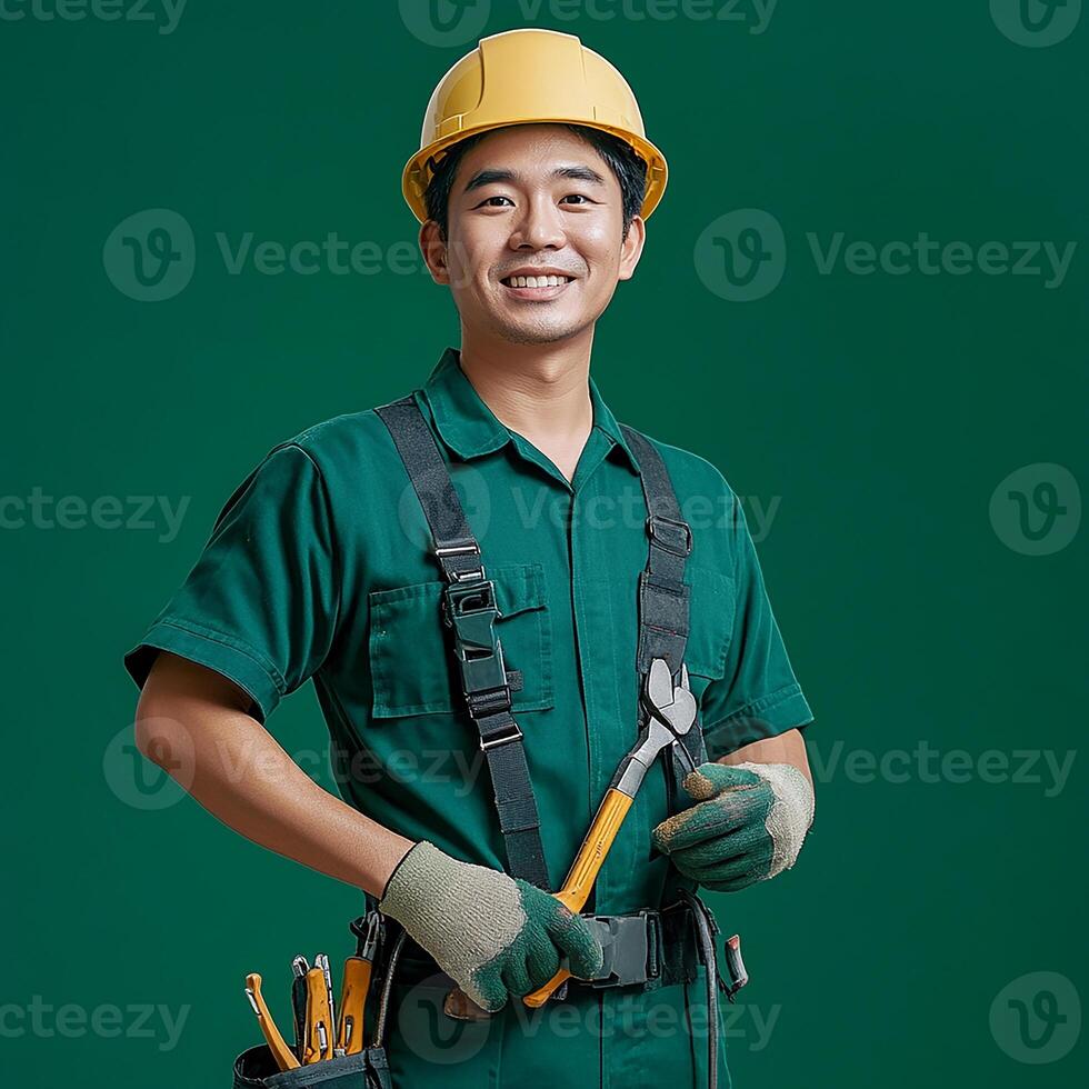 A man in a green uniform holding a wrench photo