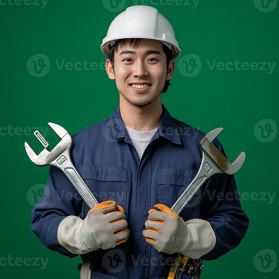A man in a hard hat holding two wrenches photo