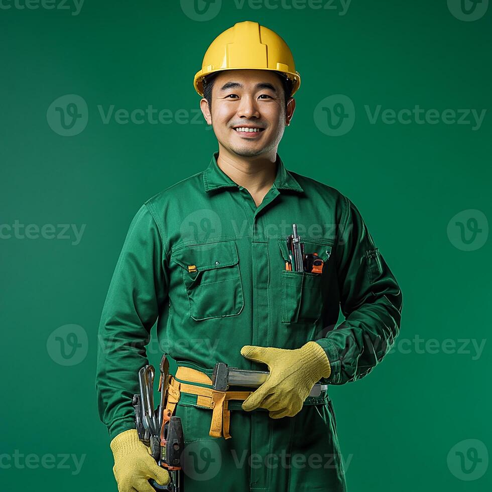 Asian man in green work clothes holding a wrench photo