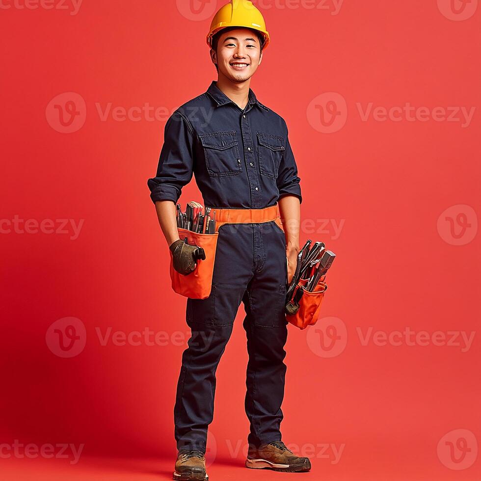 A young man in a hard hat and overalls holding a tool belt photo